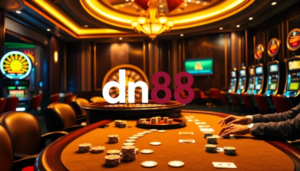 Engage in a thrilling casino experience with dn88, featuring poker chips and roulette wheels.