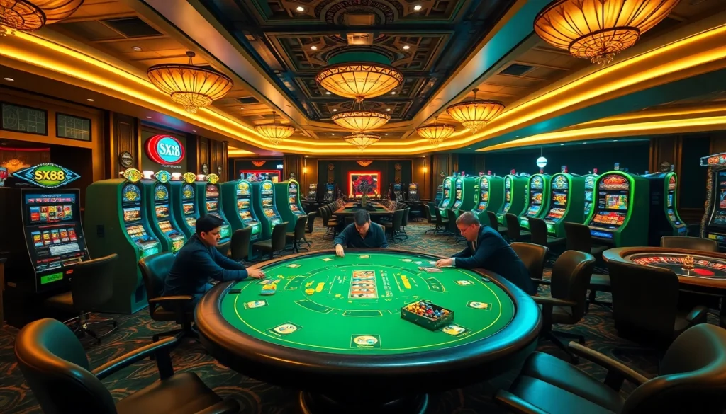 Engage in high-stakes gambling at SX88-themed casino tables featuring vibrant slot machines and poker chips.