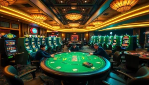 Engage in high-stakes gambling at SX88-themed casino tables featuring vibrant slot machines and poker chips.