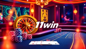 Experience the excitement of 11win casino with vibrant tables and colorful chips in a luxurious setting.
