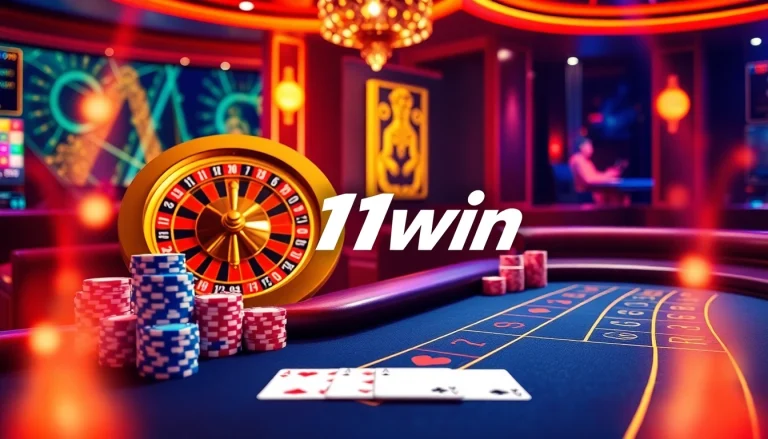 Experience the excitement of 11win casino with vibrant tables and colorful chips in a luxurious setting.