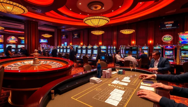 Experience thrilling gameplay at DR88's luxurious casino with roulette and poker tables.