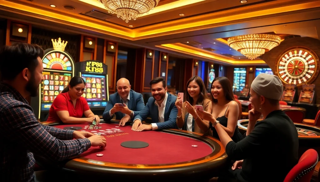 Excited players engaging at KP88 casino table with vibrant poker chips and cards.