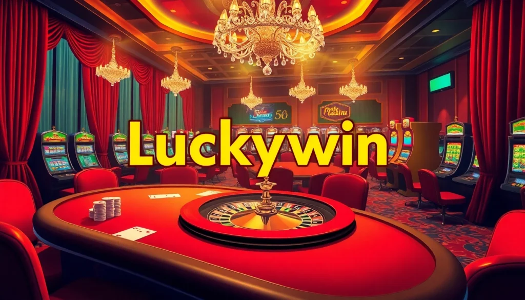 Experience thrilling gameplay at Luckywin, featuring roulette wheels and poker tables in a luxurious casino.