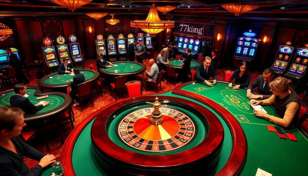 79king casino scene featuring a luxurious roulette wheel and excited players at poker tables.