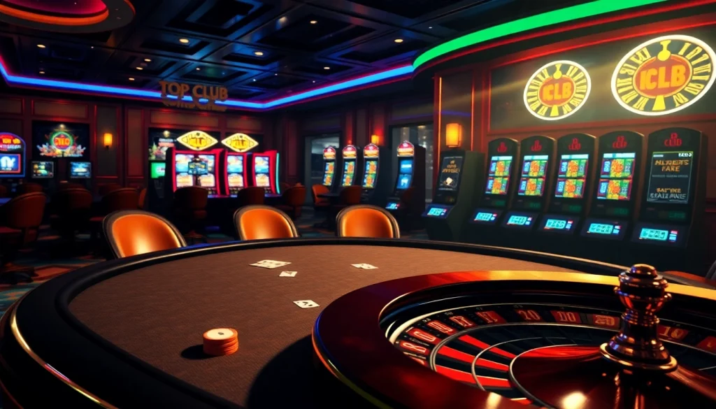 Join the high-stakes excitement at the TOP CLUB casino, featuring poker chips and luxurious tables.
