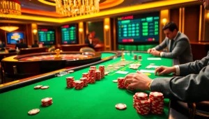 Engaging players place bets at https://tylebongdatructuyen.org/ with vibrant poker chips and cards.