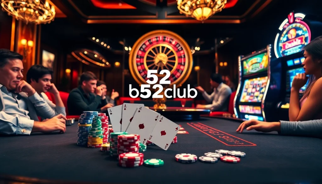 Players enjoying a thrilling poker game at b52club's upscale casino tables.