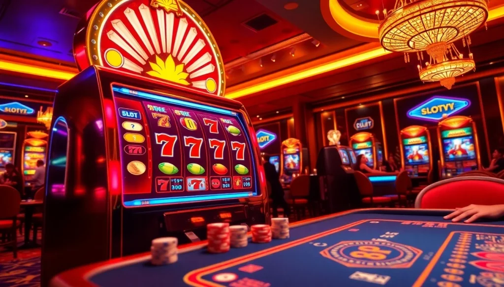 Experience the thrill of slot777 with vibrant casino visuals featuring exciting slot machines.