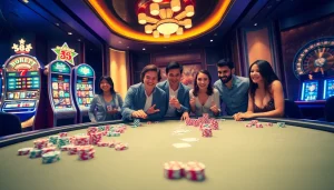 Players engaging in thrilling casino games at sv388, featuring vibrant colors and luxurious setups.