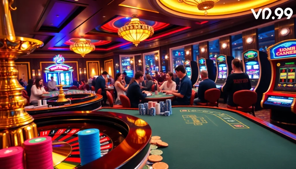 Experience thrilling gameplay at vn88 casino with vibrant tables, exciting slot machines, and energetic players.
