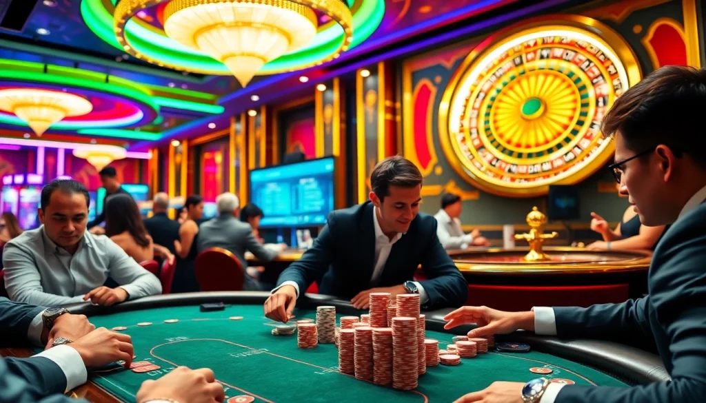 A high-stakes poker game scene at a luxurious casino featuring chips and cards, inspired by https://rr88co.net/.