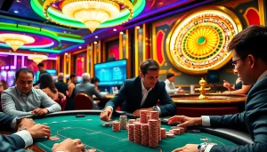 A high-stakes poker game scene at a luxurious casino featuring chips and cards, inspired by https://rr88co.net/.