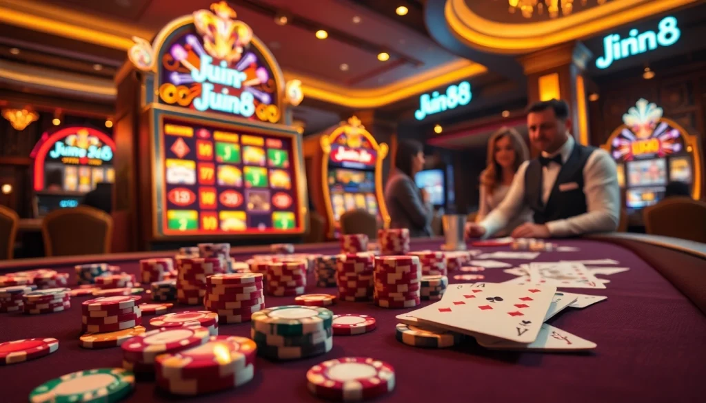 Engaging scene of a Jun88 casino table with colorful chips and cards, capturing excitement and luxury.