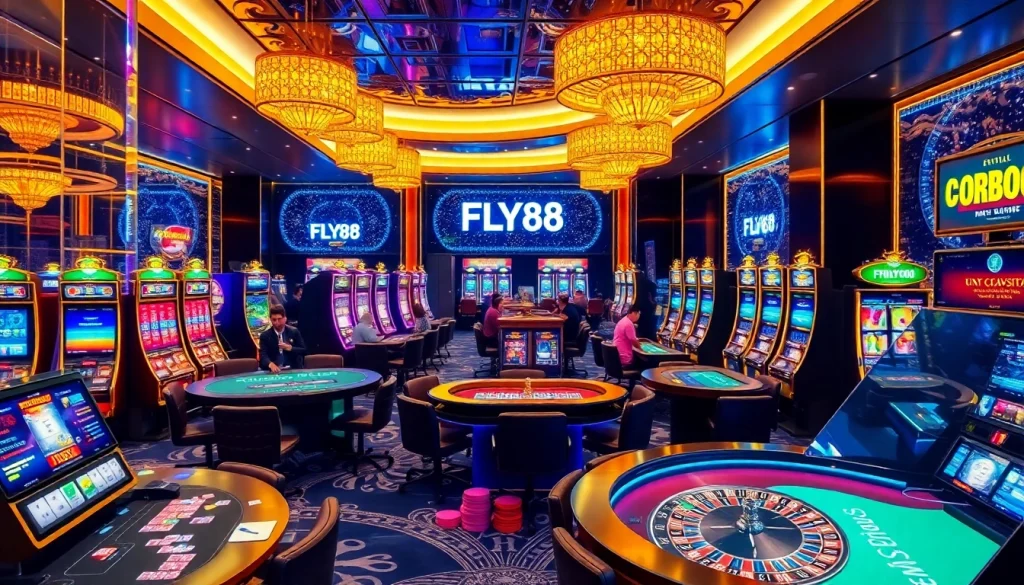 Experience FLY88 thrills with vibrant casino tables and immersive gaming atmosphere.