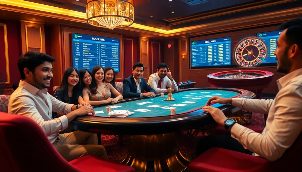 התרגשו על שולחן פוקר בקזינו יוקרתי, עם שבבי Stake ומשחק תוסס וצבעוני.