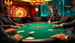 Players enjoying a tense moment at a 789f poker table with vibrant colors and luxury ambiance.