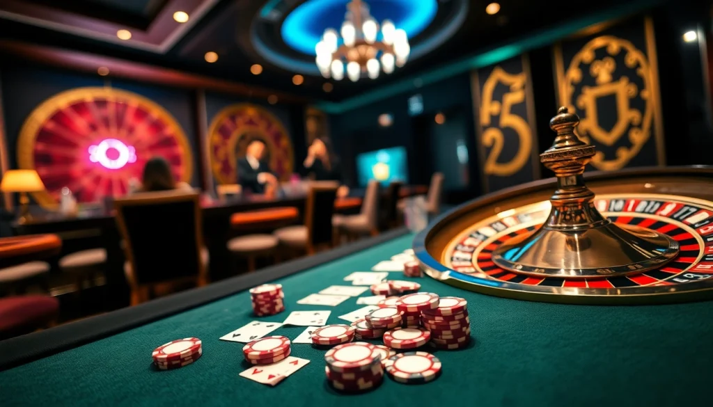 Experience thrilling gameplay at OKFUN xanh chín's luxurious casino, featuring vibrant poker tables and roulette wheels.