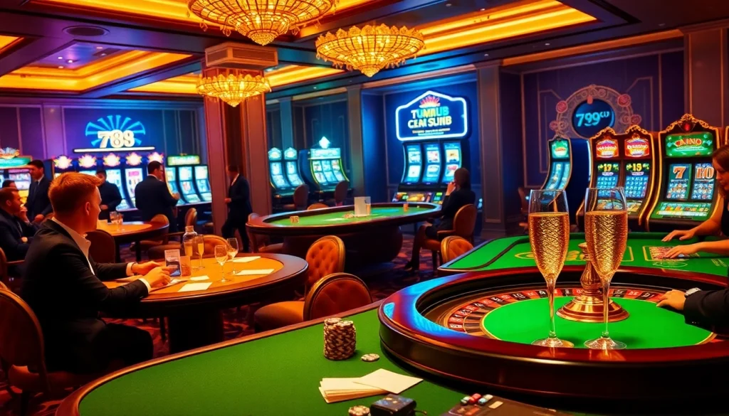 Players reveling in the excitement of 789CLUB casino gaming with vibrant slot machines and poker tables.