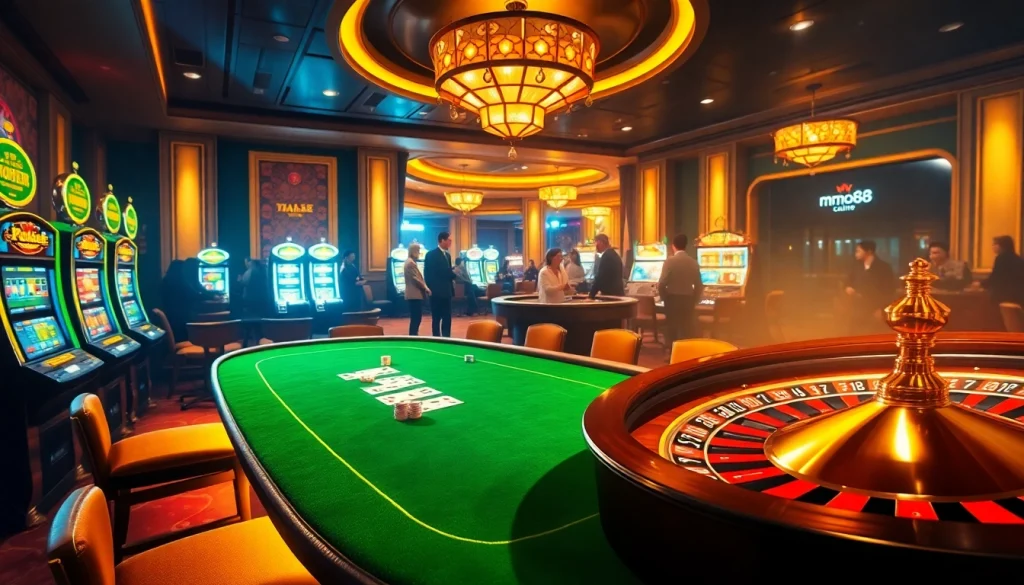A dealer shuffles cards at a lively poker table showcasing mmoo88.us.com's casino environment.