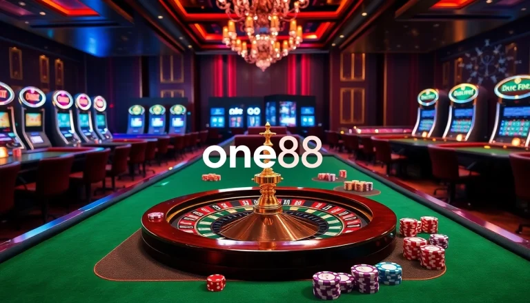 Experience thrilling bets at one88 casino with a stylish roulette wheel and vibrant gaming tables.