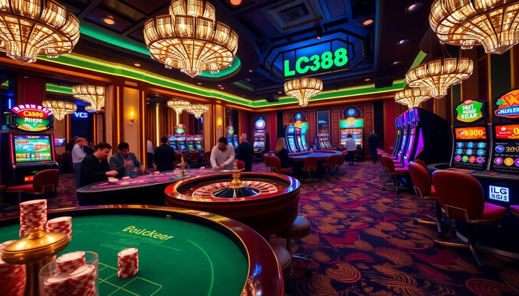 Players enjoying their time at LC88 casino with poker chips and a roulette wheel in a vibrant setting.