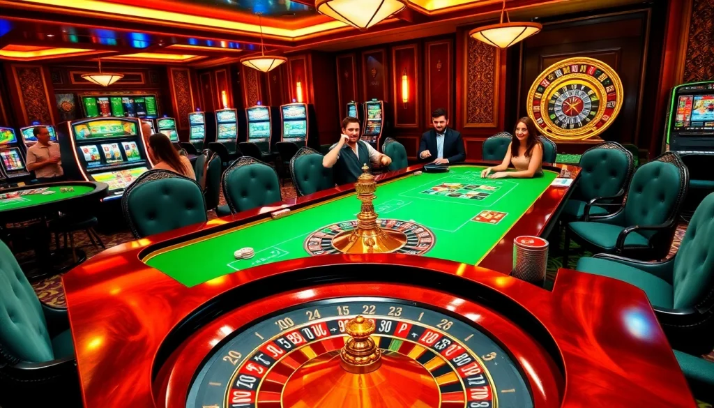 Gamblers thrillingly engage with a Kubet casino table, showcasing vibrant chips and a roulette wheel.