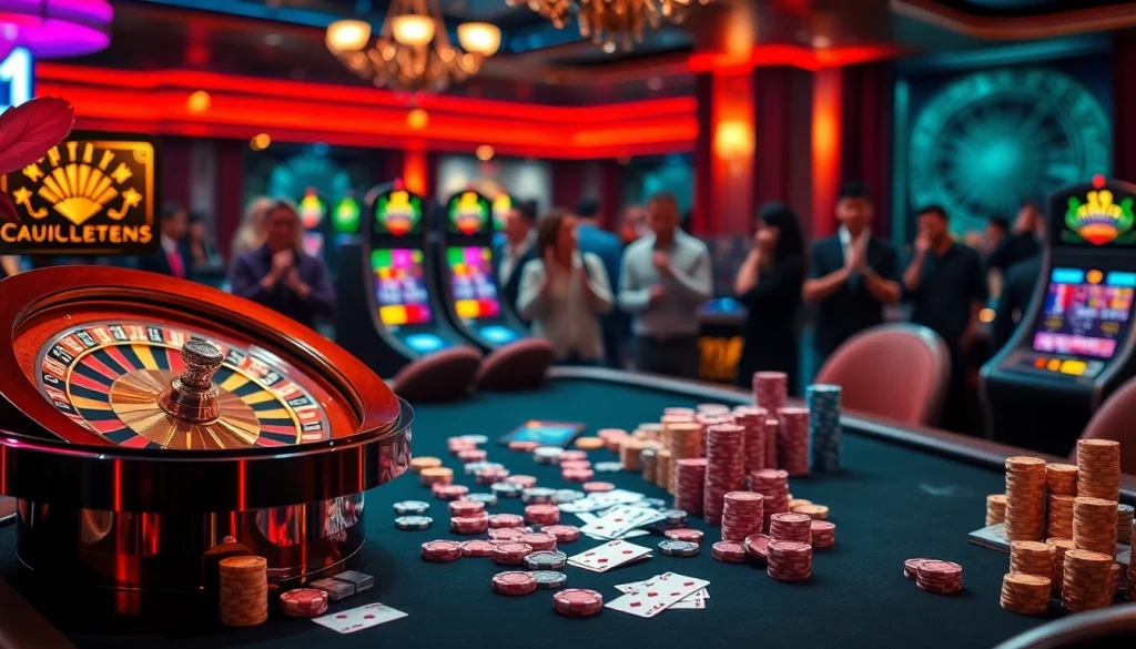 Exciting casino scene featuring 789F with roulette, slots, and poker chips.