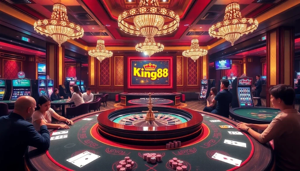 Experience the excitement of King88 Casino with players engaged in thrilling games under luxurious lights.