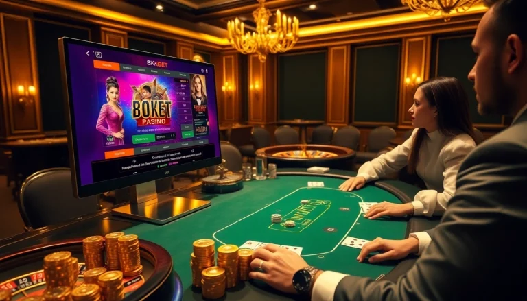 Excited players engaging with the 8kbet online casino interface at a luxurious poker table.