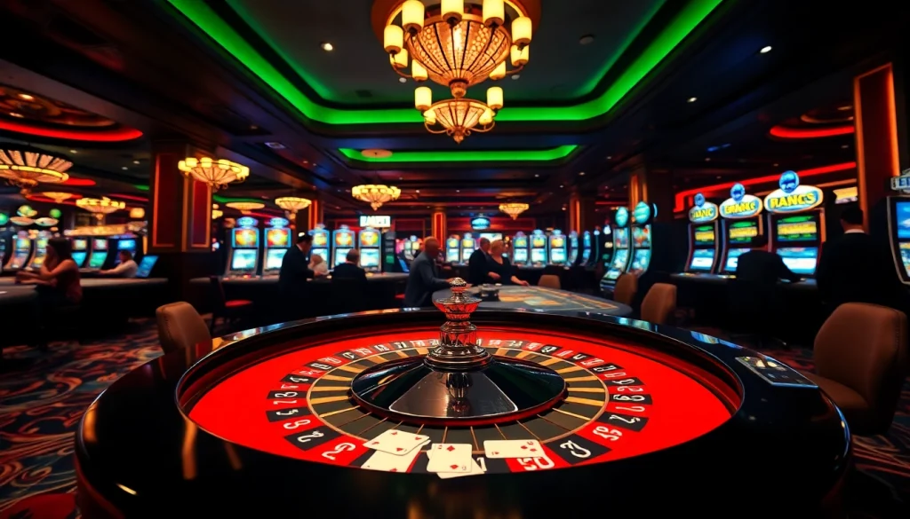 Experience the thrill of xn88 net with vibrant casino scenes showcasing poker, slots, and roulette.