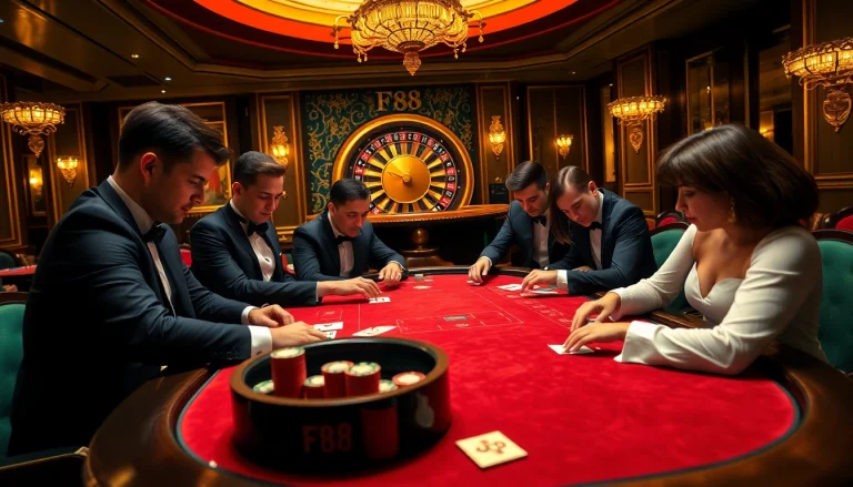FC88 players experiencing the thrill of high-stakes poker in a luxurious casino setting.