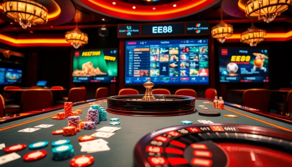 EE88 gambling excitement at a luxury casino table with poker chips and roulette.