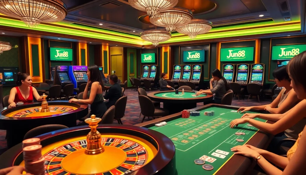 Players enjoying a thrilling casino experience at Jun88 with vibrant tables, poker chips, and exciting games.