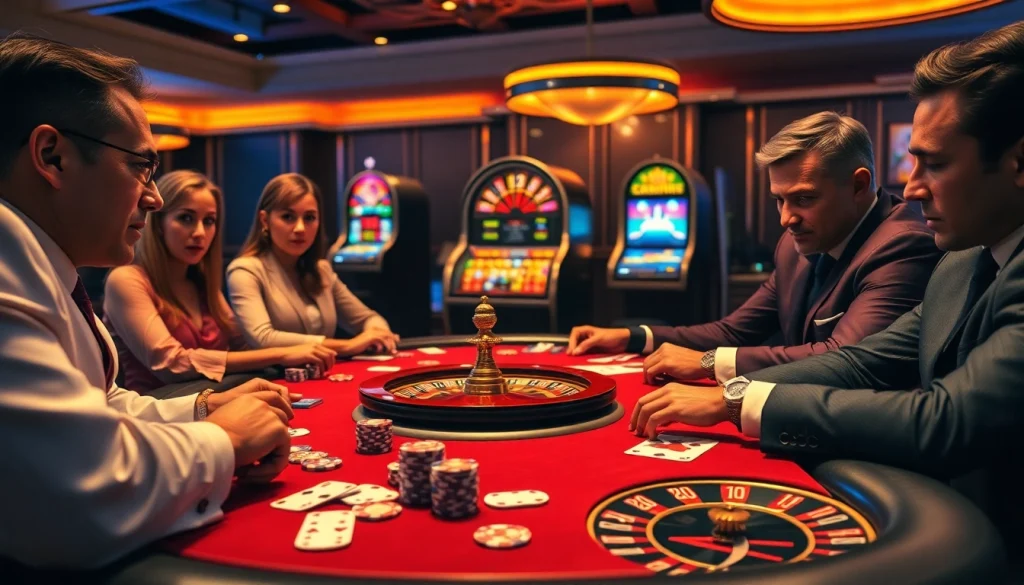 High-stakes poker game scene at nohuvina.com, featuring elegantly dressed players and colorful casino elements.