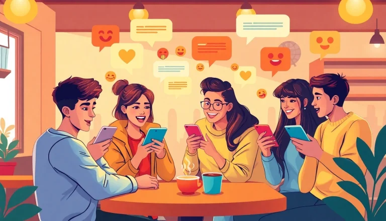 مشهد تفاعلي لشباب وشابات متنوعين يتحدثون عبر أجهزة الهواتف المحمولة في شات تعب قلبي.