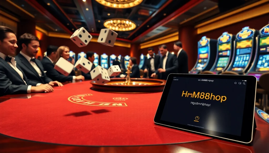 Experience exhilarating gaming moments at https://hm88.hiphop/ with dice rolling and slot machines lining the vibrant casino.