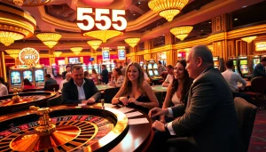 Exciting casino scene capturing players celebrating their 555 win with poker chips and roulette tables.