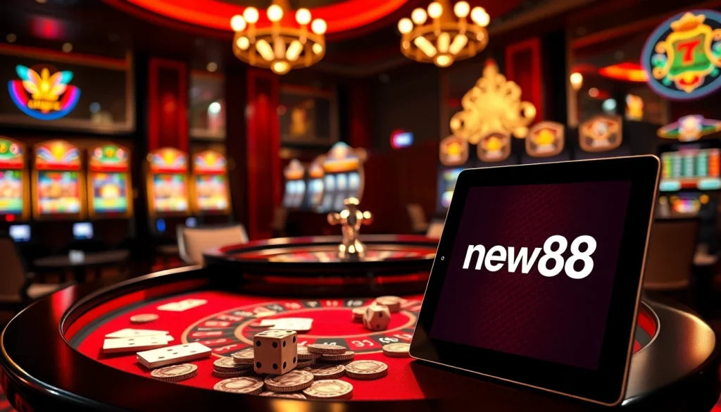 Experience the thrill of new88 with poker chips and roulette in a luxurious casino setting.