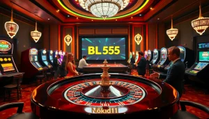 Experience the thrill of winning at BL555's luxurious casino, featuring roulette, poker chips, and vibrant slot machines.