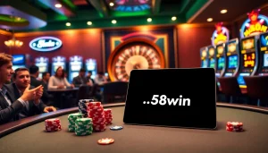 Feeling the excitement at https://58win.talk/ with vibrant poker chips and a spinning roulette wheel.