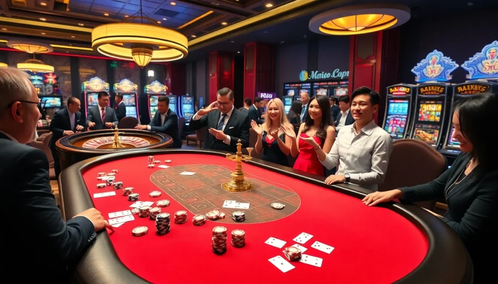 Experience the excitement of gambling at BJ38 with a vibrant casino scene filled with dynamic games and players.