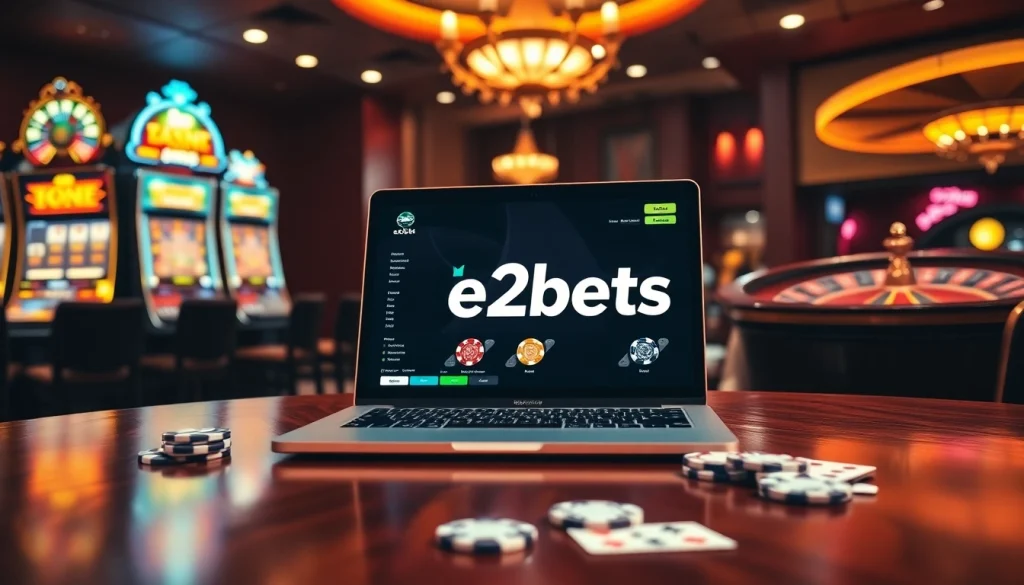 Experience e2bets online gambling with an immersive casino scene featuring vibrant slot machines and roulette.