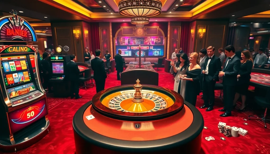 Players engaging in thrilling games at king88bet's luxurious casino, highlighting roulette and slot machines.