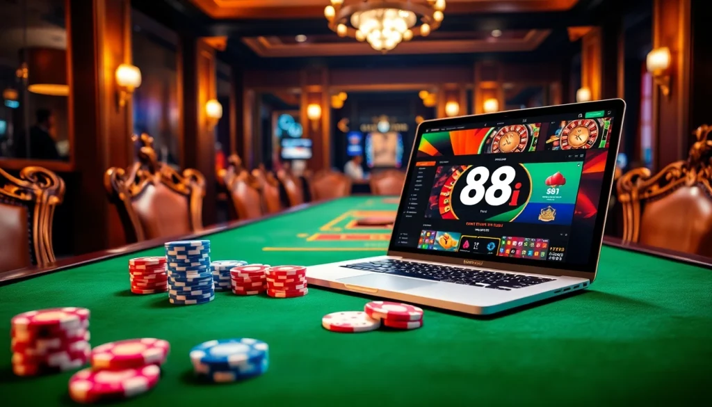 Experience high-stakes gambling at 88i with colorful poker chips and a luxurious casino table.