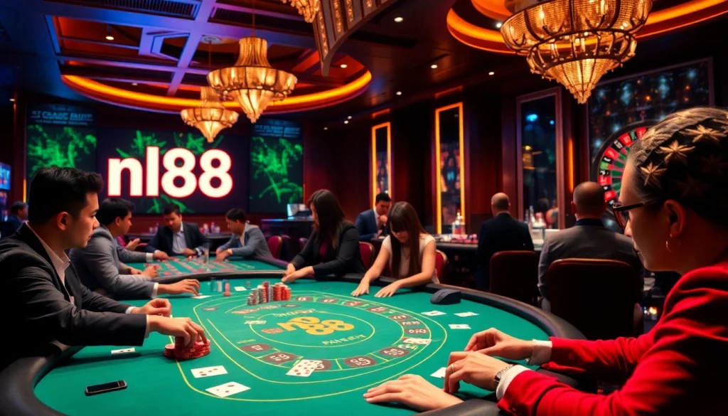 Players at a poker table experiencing the thrill of gambling at nh88, with vibrant chips and cards