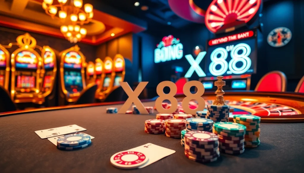 Experience the excitement of the XX88 casino with vibrant poker chips, cards, and a roulette wheel.