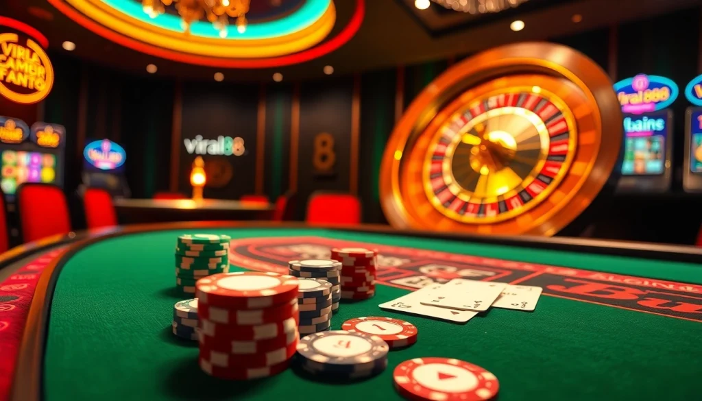 High-stakes gaming at viral88 casino with luxurious poker table and roulette wheel.