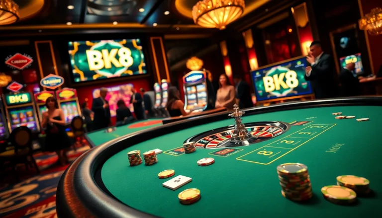 Excited players enjoying poker at a BK8-branded casino table with chips and cards.