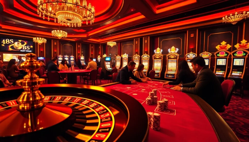 Players celebrating big wins at the 8s poker table in a vibrant casino atmosphere.